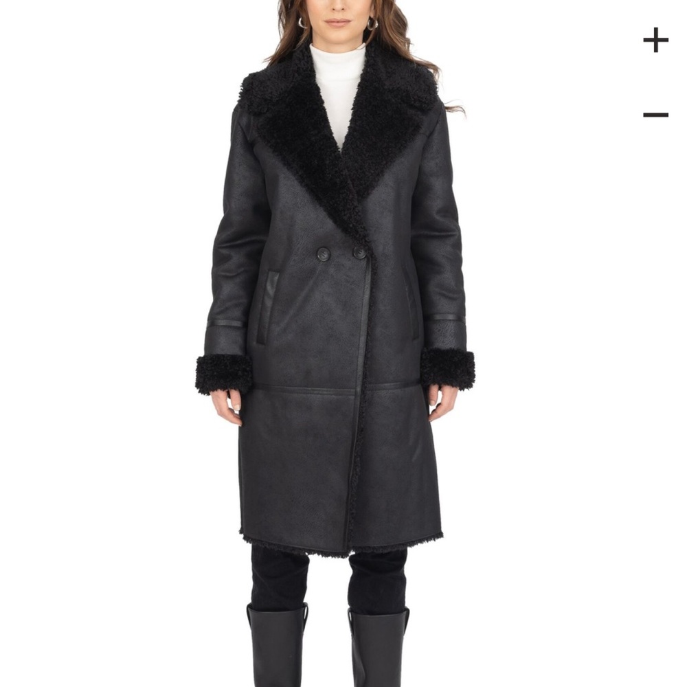 Brand New Frye Coat Women's Black Faux Shearling Double Breasted Coat XL
